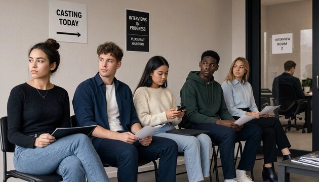 Group of young people waiting for an interview in a modern office space