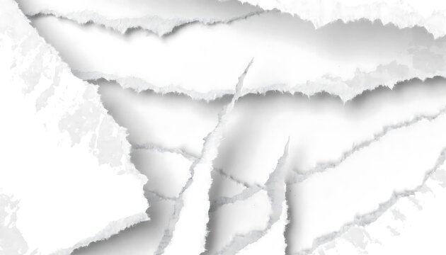 Abstract background with layers of white torn paper revealing white space underneath with soft shadows
