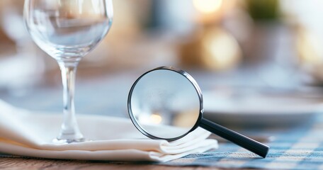 Fototapeta premium Magnifying glass on table with wine glass