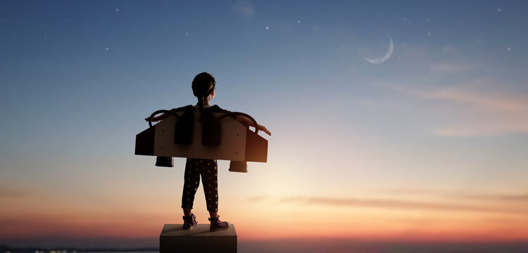 Dream Big: Child with Homemade Jetpack Gazing at Crescent Moon Under Starry Sky at Dusk