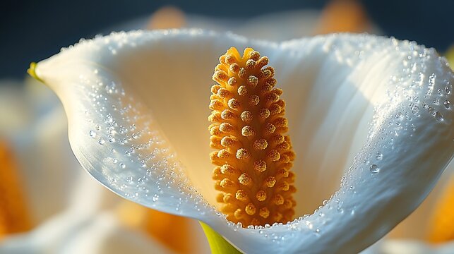 Close-up of a white calla lily flower with yellow spadix