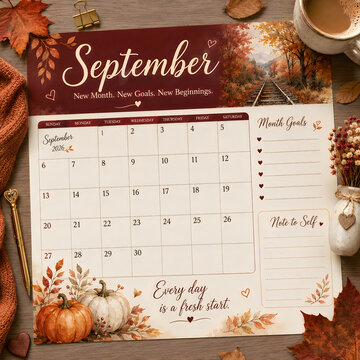 September 2026 calendar page with autumn theme pumpkins leaves and inspirational quote for monthly goals and new beginnings.
