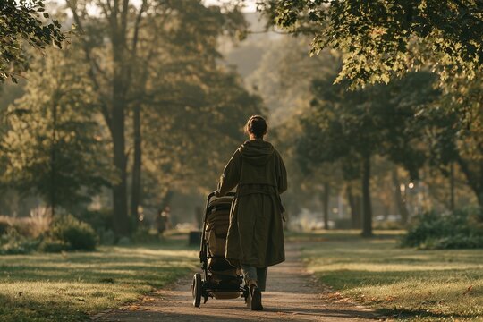 Woman walking with a stroller down a tree-lined park path at sunrise