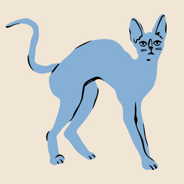 Funny skinny blue cat standing and looking. Cute character. Hand drawn trendy Vector illustration. Pet care, animal graphic clipart, feline concept. Sticker, logo, print template. Isolated element
