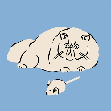 Funny fat chubby white cat lying and looking. Cute character. Hand drawn trendy Vector illustration. Pet care, animal graphic clipart, feline concept. Sticker, logo, print template. Isolated element