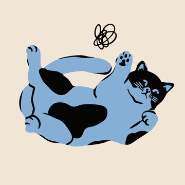 Funny cat lying and playing. Cute joyful character. Hand drawn trendy Vector illustration. Pet care, animal graphic clipart, feline concept. Sticker, logo, print template. Isolated element