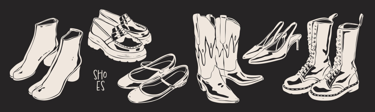 Different shoes. Heeled summer shoes, ankle high cowboy boots, loafer. Casual leather footwear for women, men. Hand drawn modern Vector illustration. Trendy monochrome style. Isolated design elements