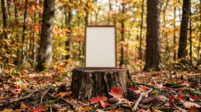 Rustic vertical picture frame mockup sitting on a wooden stump in a sunny autumn forest with red maple leaves