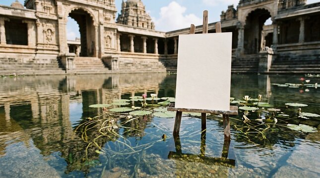 Empty vertical frame on easel placed in a sacred temple water tank with lotus leaves and historic monument backdrop.