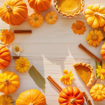 Overhead flat lay shot of a bright harvest festival scene on light bleached oak. Vibrant orange pumpkins of various sizes, freshly baked pumpkin pie slices, cinnamon sticks