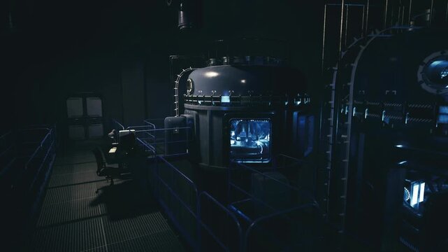 Lowlit fusion prototype with glowing containment field, magnetic coils and diagnostic displays heavy metal structure, suspenseful atmosphere and futuristic
