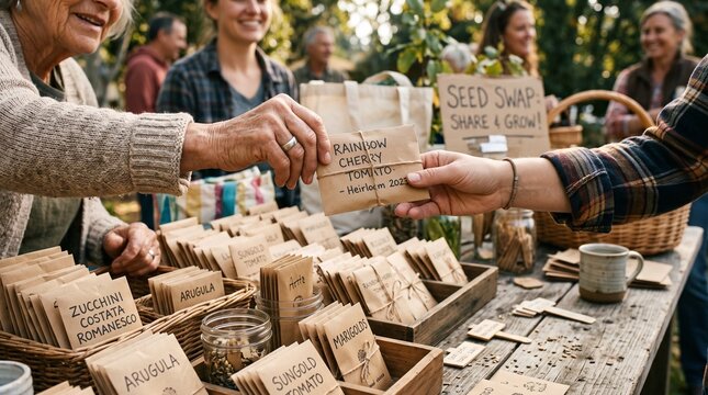 People exchanging heirloom tomato seed packets at a community seed swap event, sustainable gardening and local sharing concept