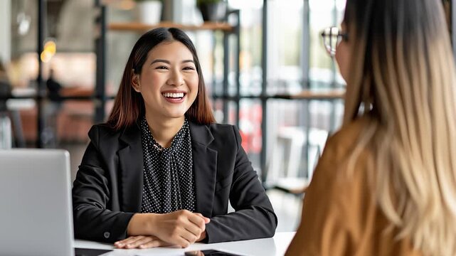 Smiling businesswoman shaking hands with client during successful job interview or business meeting in modern office
