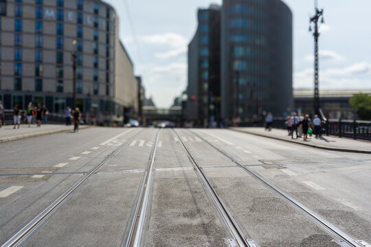 Berlin Friedrichstra&szlig;e urban infrastructure with tram tracks