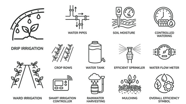 Minimalist vector illustration set showing various agricultural irrigation technologies for sustainable farming and modern water management