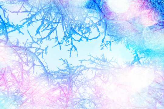 Winter background, bokeh landscape with sun glints, abstract design.