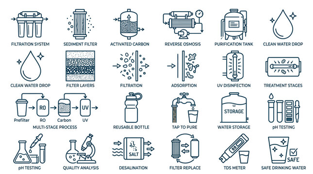 Water purification process icons set featuring various filtration stages and scientific equipment in black vector style