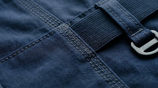 Zoomed in view of deep navy cloth material showcasing intricate threadwork and flexible belt line feature for apparel design  navy fabric texture stitching elastic waistband material textile