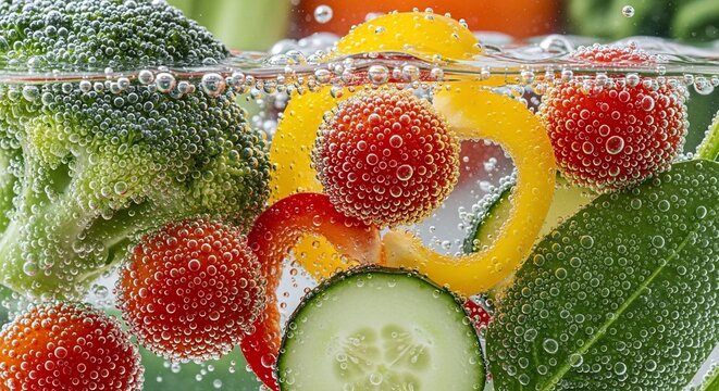 Vegetables immersed water bubbles