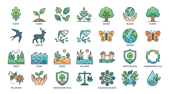 Ecological conservation vector icons set showing diverse natural wildlife habitats and environmental sustainability protection design concepts
