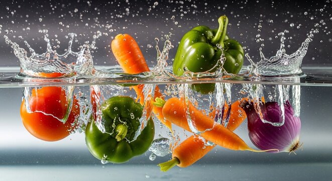 Vegetables splashing water surface