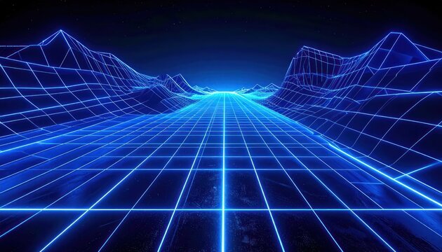Abstract Neon Grid Landscape with Futuristic Wireframe Mountains and Road at Night
