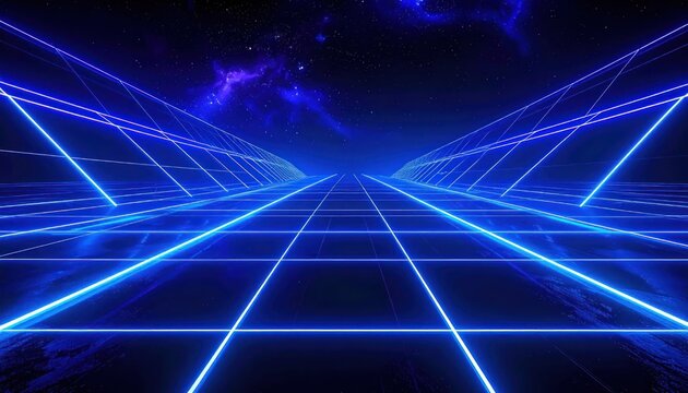 Abstract blue neon grid road in outer space with stars and nebula background