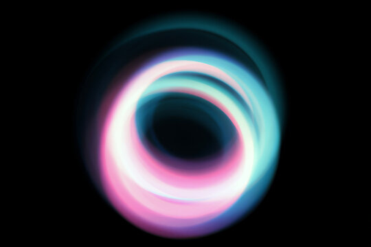 Neon conic pulse ring with pink blue and green glow on black background for futuristic poster and banner design