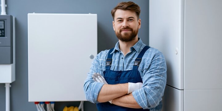 Confident technician standing near electrical panel