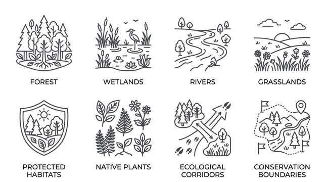 Ecological icons representing diverse natural habitats in a clean minimalist black and white vector illustration style