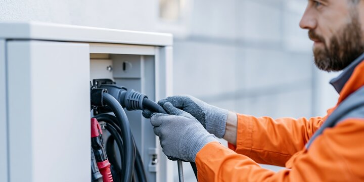 Electrician connecting power cable outdoors