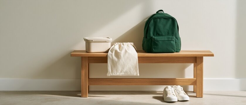 Minimalist wooden bench with backpack and shoes