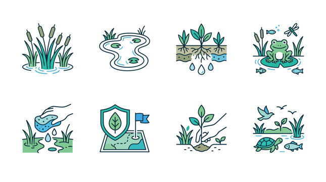 Wetland nature conservation set featuring colorful vector icons depicting various environmental ecosystems and wildlife protection themes