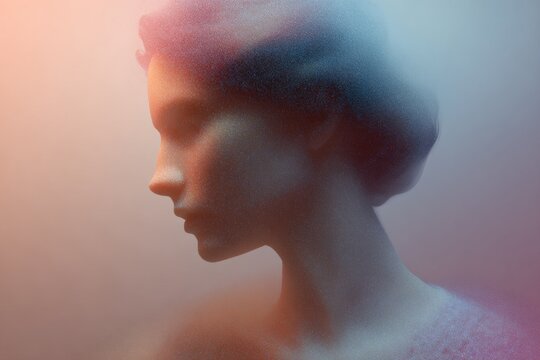 Soft mesh gradient portrait bust with fine noise grain in pastel tones for artistic background and wallpaper design
