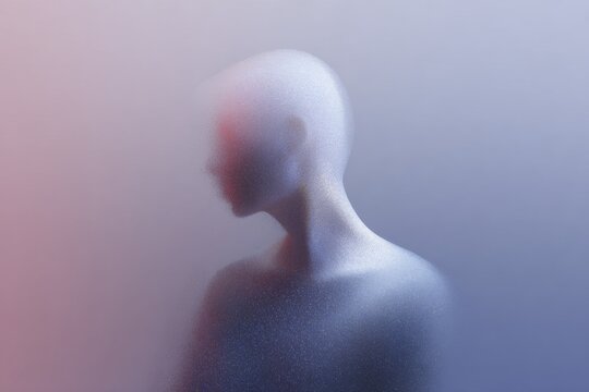 Grainy gradient abstract bust silhouette with soft blue and pink tones for minimalist background and portrait concept design