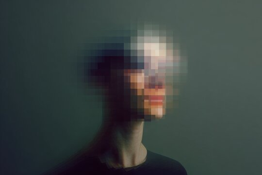 Pixelated human head portrait with soft pixel grid and deep shadow for abstract background and poster design