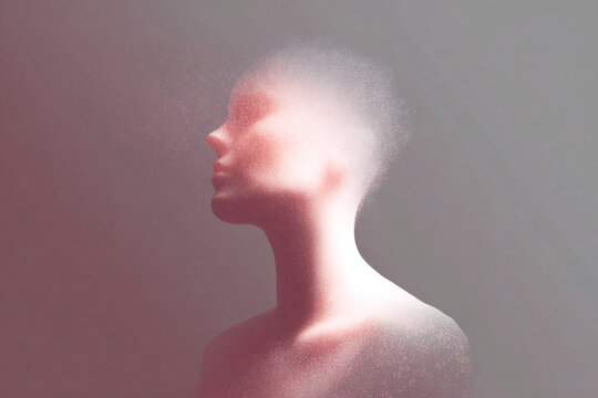 Soft grainy gradient bust portrait silhouette with particle noise and pastel glow for minimal avatar background and conceptual design