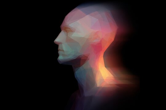 Faceted low poly prism avatar head silhouette with spectrum rim light for branding poster background and futuristic interface design
