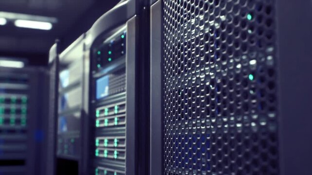 Closeup server rack with illuminated LEDs perforated mesh door, blurred cabinets in background, cool blue lighting highlights ventilation and drive bays,