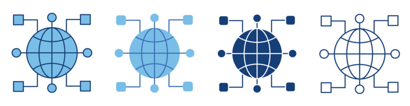 Global Network Connection Icons Set with Globe Earth Grid and Circuit Nodes Blue Line and Solid Symbol Isolated on White Background