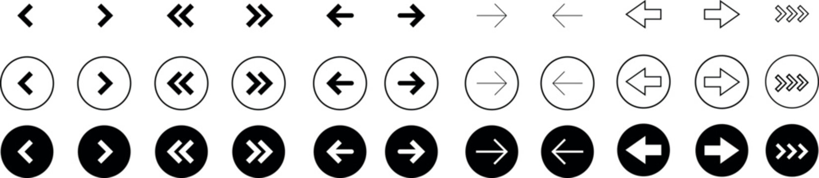 Diverse arrow icons vector set featuring directional pointer and navigation button collection in flat circle style for modern user interface and web design