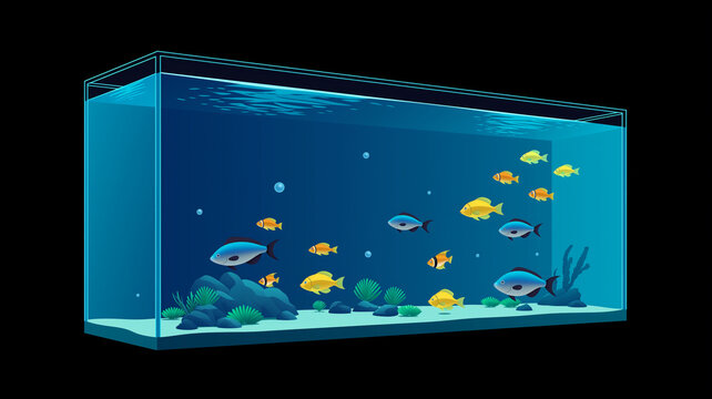 水草の間をゆったり泳ぐ魚たちのアクアリウムイラスト