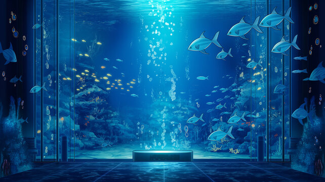水草の間をゆったり泳ぐ魚たちのアクアリウムイラスト