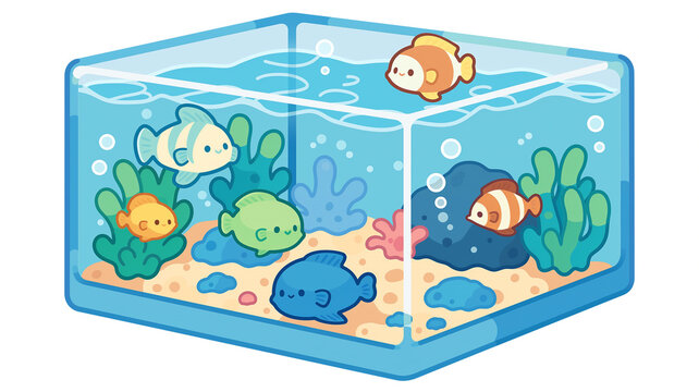 水草の間をゆったり泳ぐ魚たちのアクアリウムイラスト