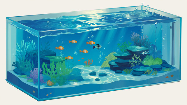水草の間をゆったり泳ぐ魚たちのアクアリウムイラスト