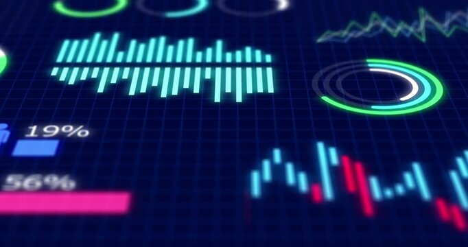 Analytics, graphs and screen with numbers for statistics, insight and info for digital marketing. Ui, infographic and animation for user engagement, seo report and performance for website traffic