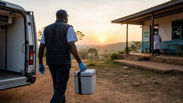 Vaccine cold chain delivery to a rural medical clinic. Healthcare worker carrying insulated cooler box from a transport van at sunset. Public health distribution concept