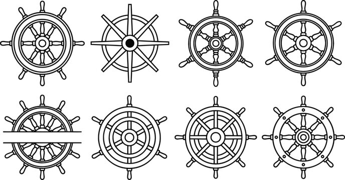 Nautical ship steering wheel helm line icons set featuring maritime ocean travel marine vessel captain control symbols illustration