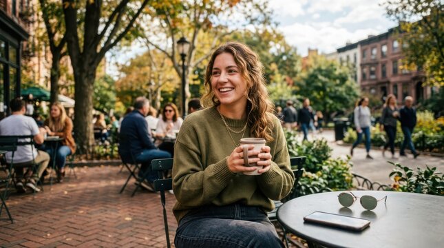 Happy young woman drinking coffee at an outdoor city cafe in autumn