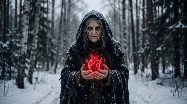 A mysterious hooded figure holding a glowing magical red heart in a dark and snowy winter forest